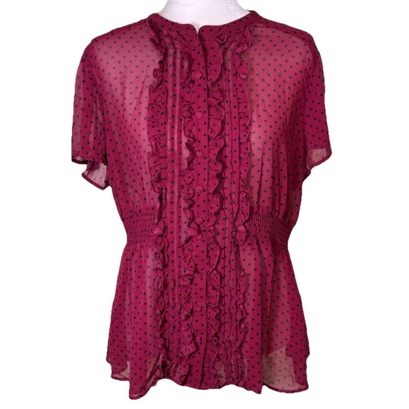 Torrid Women’s Burgundy Sheer Polka Dot Ruffle Peplum Blouse Front Office Size 1 - Picture 1 of 8